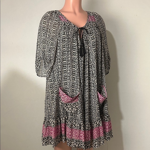 Free People Swing Dress Black Purple Midi Tassel Boho Peasant Hippie Small P - Picture 2 of 16
